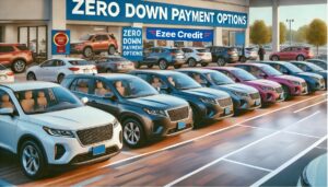 A lineup of quality used cars at a dealership with promotional signs for "Zero Down Payment Options