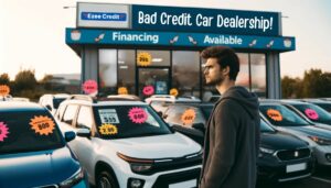 A person looking at a selection of cars available at a bad credit car dealership.