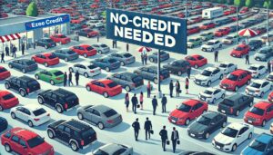A busy car lot with a variety of vehicles, highlighting a no-credit-needed policy.
