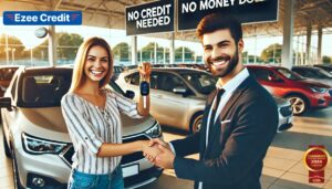 A customer happily receiving car keys at a dealership offering no credit no money down deals