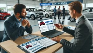 A professional explaining car leasing options to a customer in an automotive dealership.