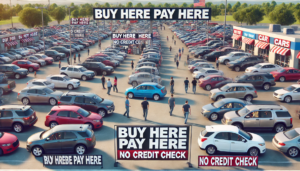 A view of a Buy Here Pay Here car lot filled with a variety of vehicles, welcoming potential buyers.