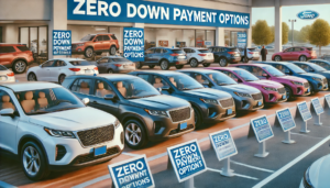 A lineup of quality used cars at a dealership with promotional signs for "Zero Down Payment Options