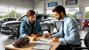 A customer reviewing a lease agreement for a used SUV with a salesperson at a car dealership