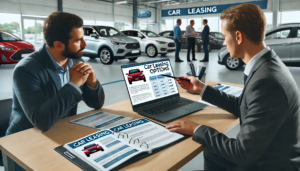 A professional explaining car leasing options to a customer in an automotive dealership.
