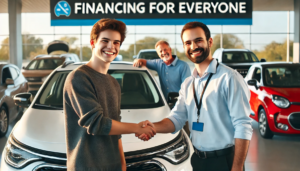 A smiling customer shaking hands with a car dealer at a dealership offering financing for everyone