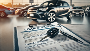 A car with loan documents and a key, representing the process of buying a car with a loan still on it.