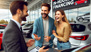 A couple excitedly discussing financing options with a dealership agent at a car lot offering in-house financing