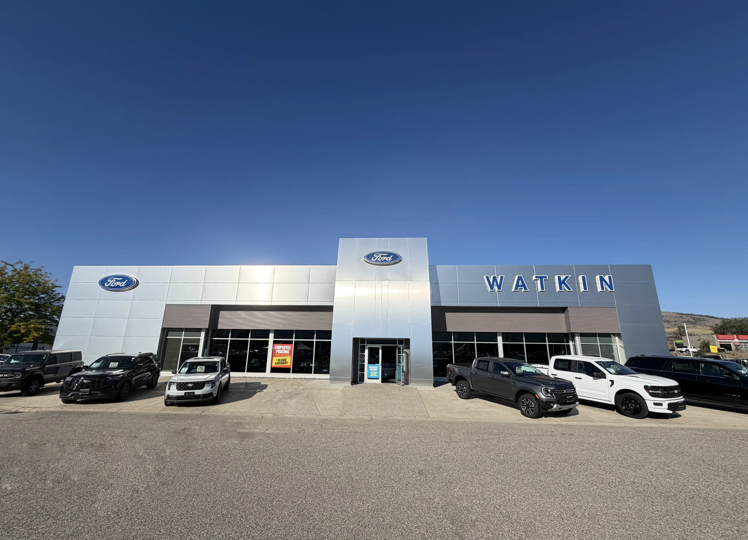 New Ford trucks and SUVs on the lot at Watkin Motors Ford in Vernon BC