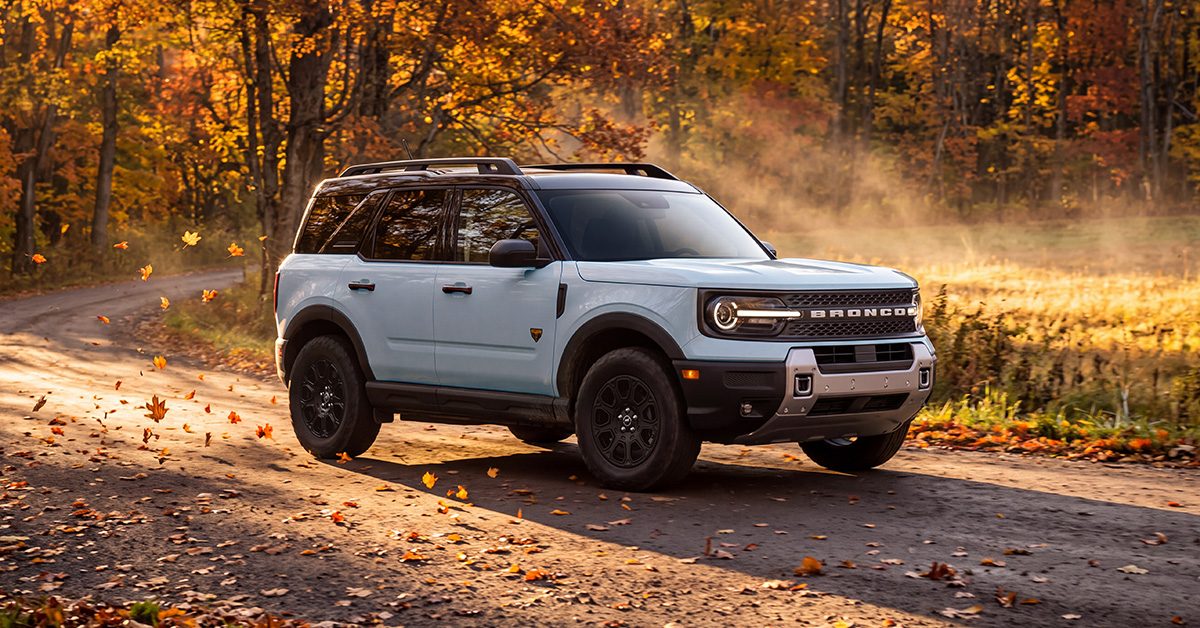 2026 Ford Bronco Sport on a leaf-covered fall road, October Bronco Sport offers at Watkin Motors Ford in Vernon