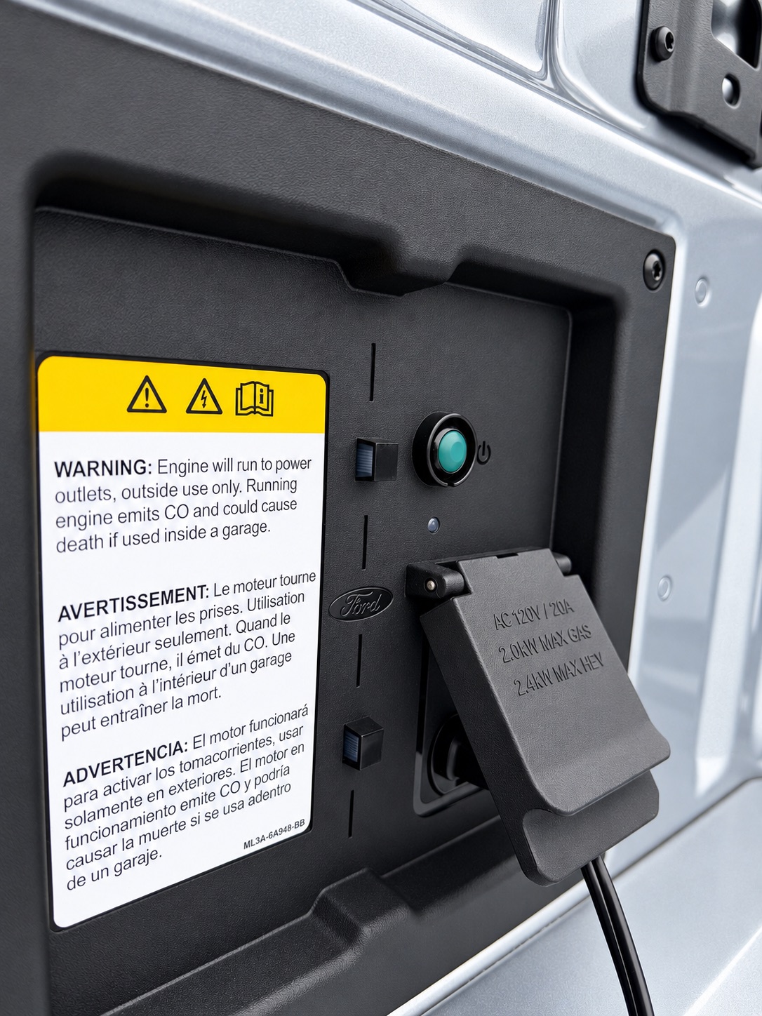 Pro Power Onboard outlet panel in a Ford F-150 bed with its carbon monoxide warning label