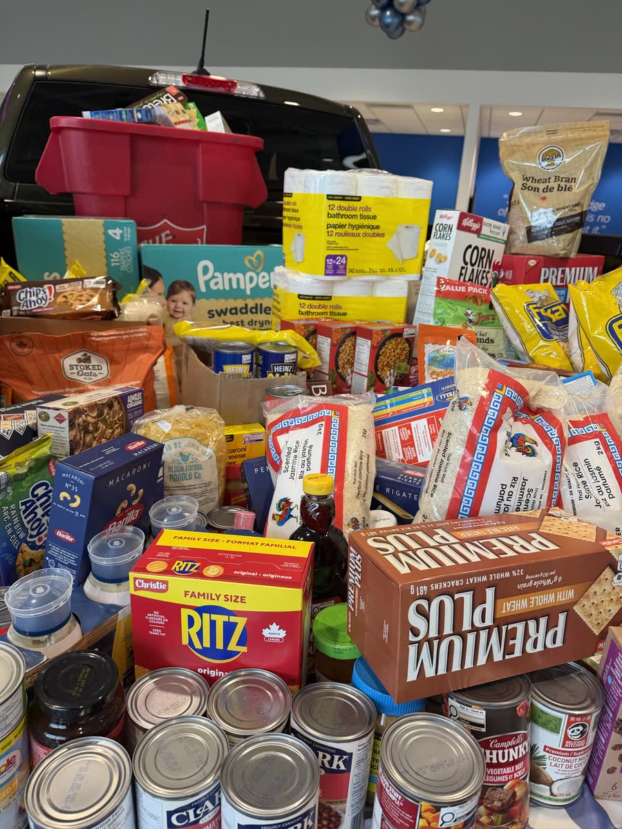 Ford truck bed packed full of food and household donations at Watkin Motors Ford in Vernon