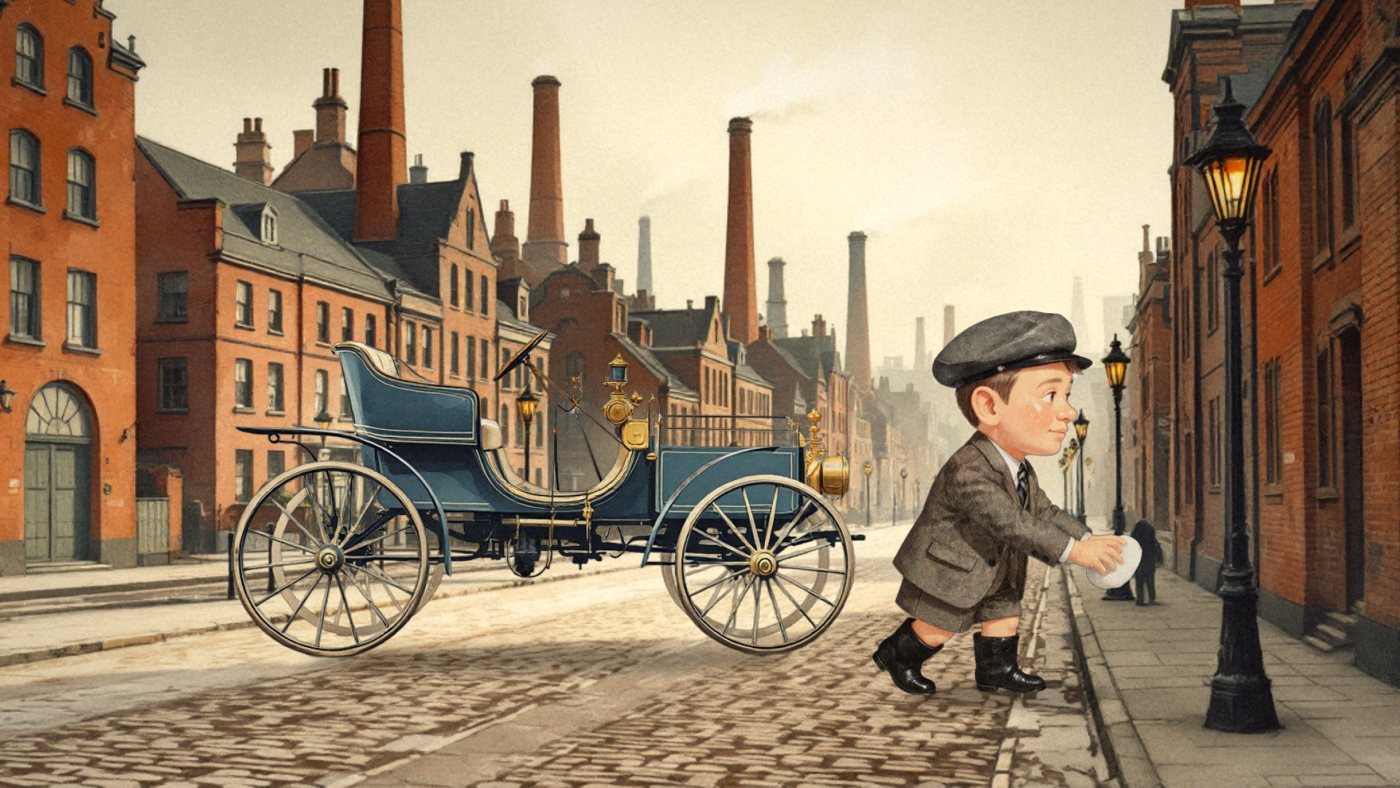 Storybook illustration of 13-year-old Joe Watkin beside an 1900 Benz motor car in Manchester
