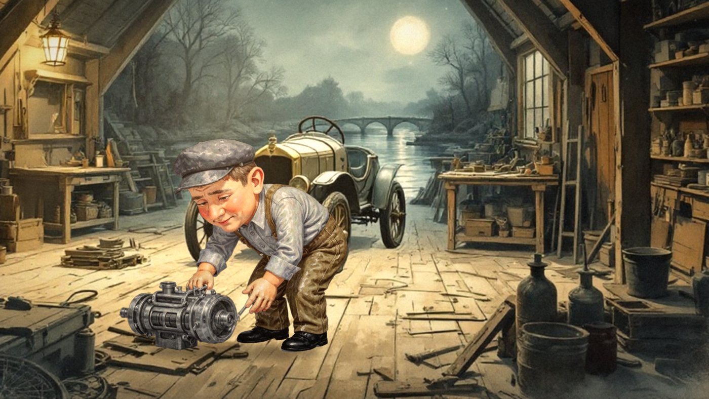 Storybook illustration of young Joe Watkin working on an early car chassis in a lantern-lit carriage works at night