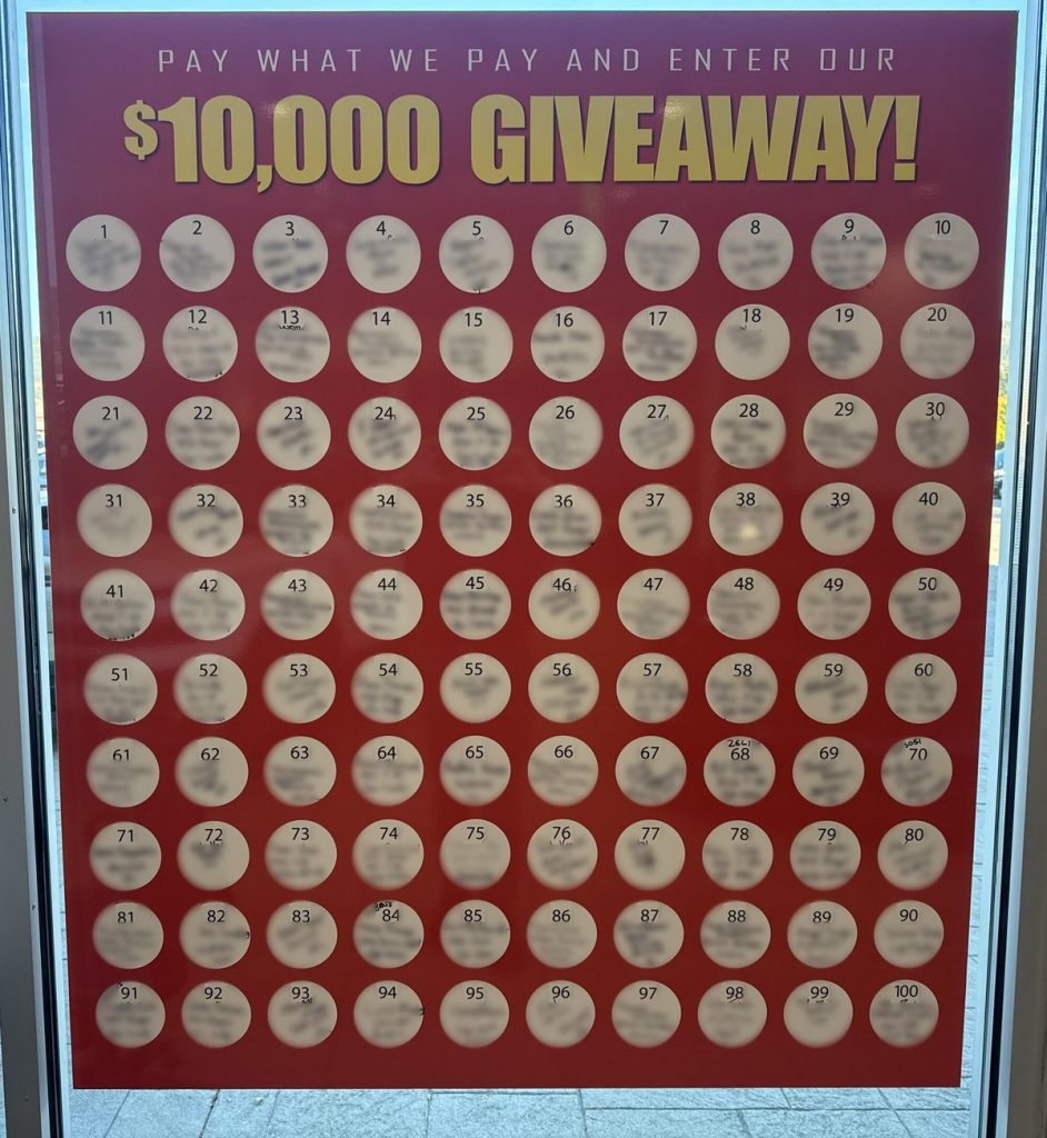 Watkin Motors $10,000 giveaway board with all 100 numbers claimed
